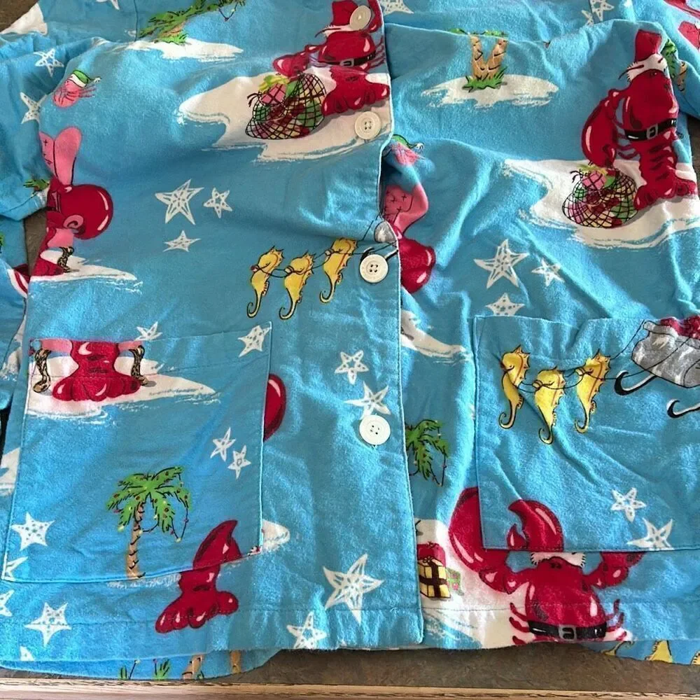 Nick & Nora Santa Claws Flannel Pajama Set Holiday Christmas Lobster Santa Seaho